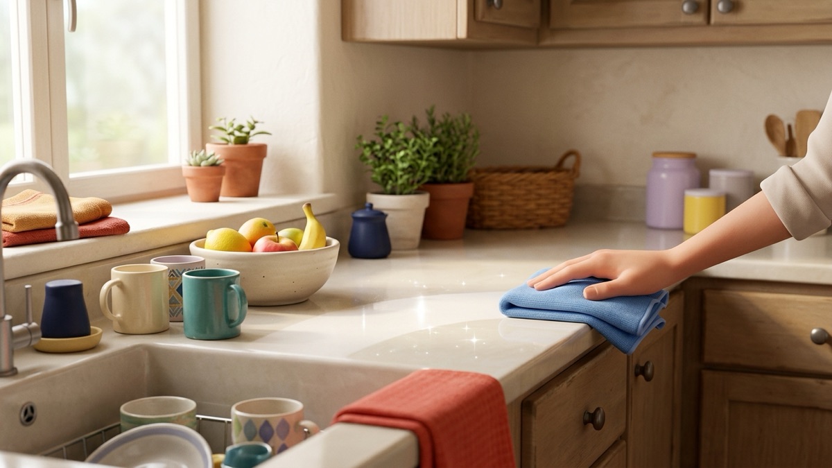 A kitchen counter half cleared, with one clean arm-length stretch wiped and shining next to a small stack of mugs waiting by the sink, a hand holding a folded cloth