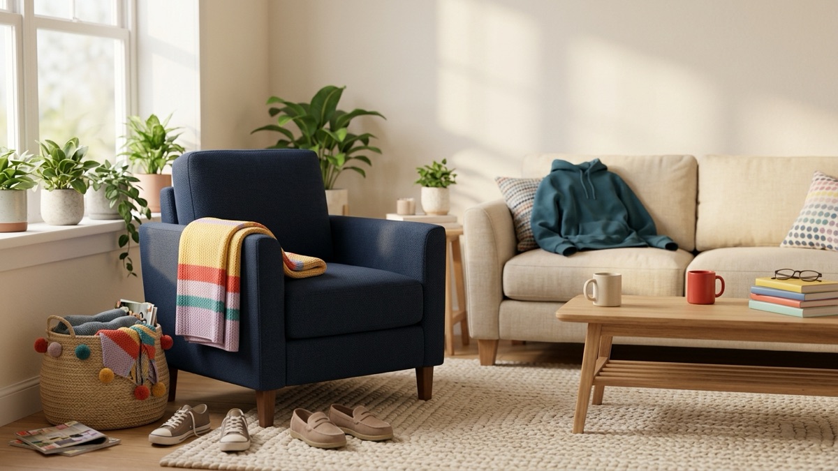 A lived-in living room where one armchair has been fully cleared while a folded blanket sits on its arm and the rest of the room is still gently busy, soft afternoon light