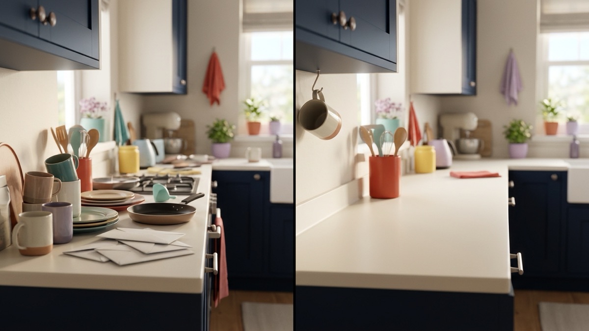 A kitchen counter shown twice side by side, first crowded with mugs, plates and mail, then with one clear, wiped stretch of counter and a single mug on a hook