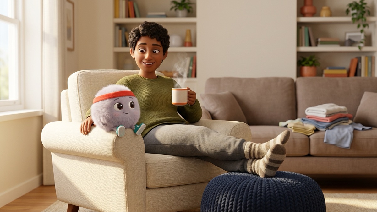 A cozy living room where one armchair has been cleared of laundry and a person sits in it with a cup of tea, while a small round dust bunny with a red sweatband and teal running shoes rests on the armrest