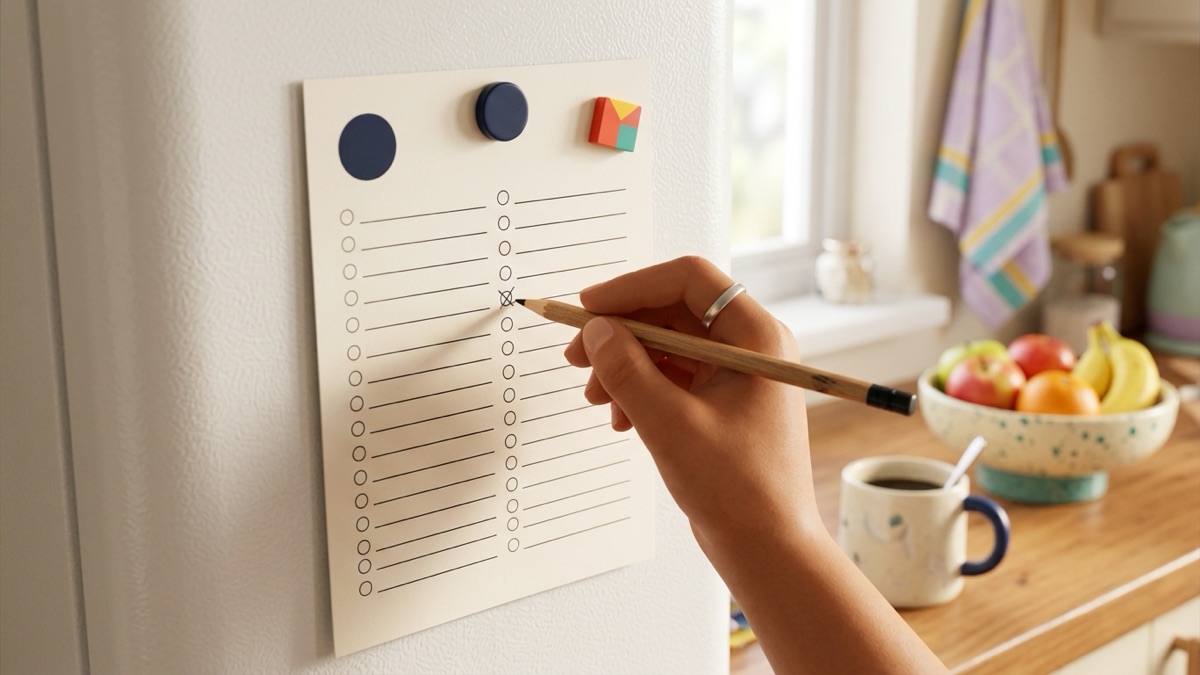 A printed one-page cleaning planner stuck to a fridge door with two magnets, a hand ticking one small box with a pencil, a mug of coffee on the counter below
