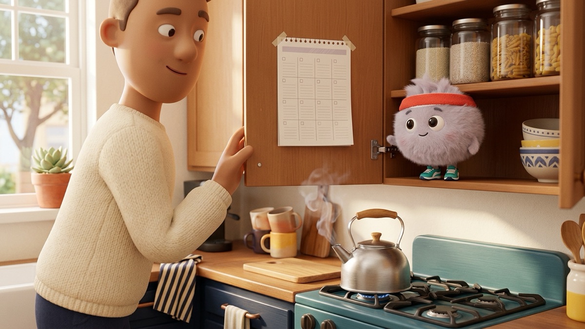 A cozy kitchen corner in morning light where an adult glances at a printed planner taped inside a cupboard door while a kettle heats, and Zip the dust bunny in a red sweatband peeks over the shelf