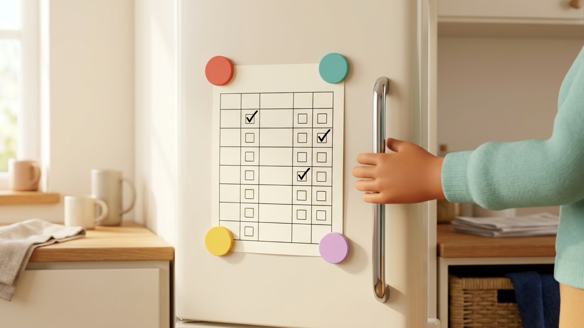 A one-page printed schedule with a plain grid and empty checkbox squares, a few ticked, held on a cream fridge door by colorful round magnets while an adult reaches past it for the milk
