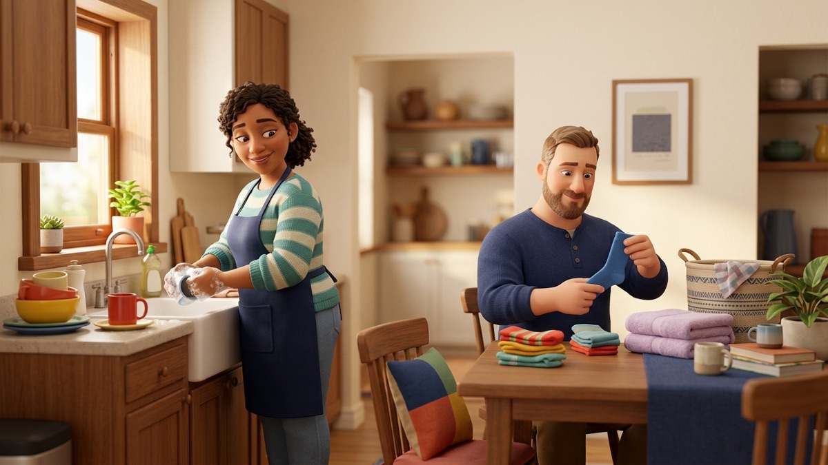 Two adults in a warm kitchen, one washing dishes at the sink while the other sits at the table folding laundry, each focused on their own task