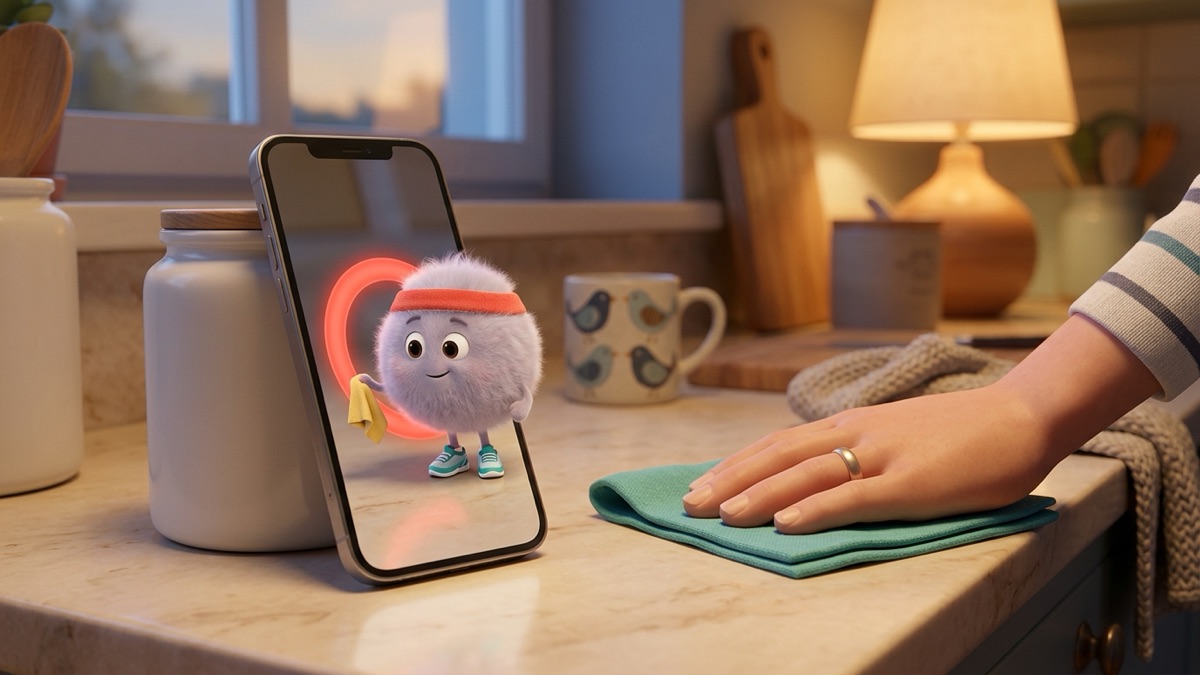 A phone propped against a jar on a kitchen counter shows Zip the dust bunny beside a glowing ring timer while an adult wipes the counter next to it