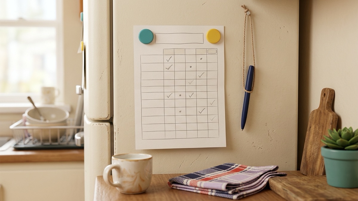 A printed one-page chore chart held on a kitchen fridge by two magnets, with a pen hanging on a string beside it and a mug on the counter below