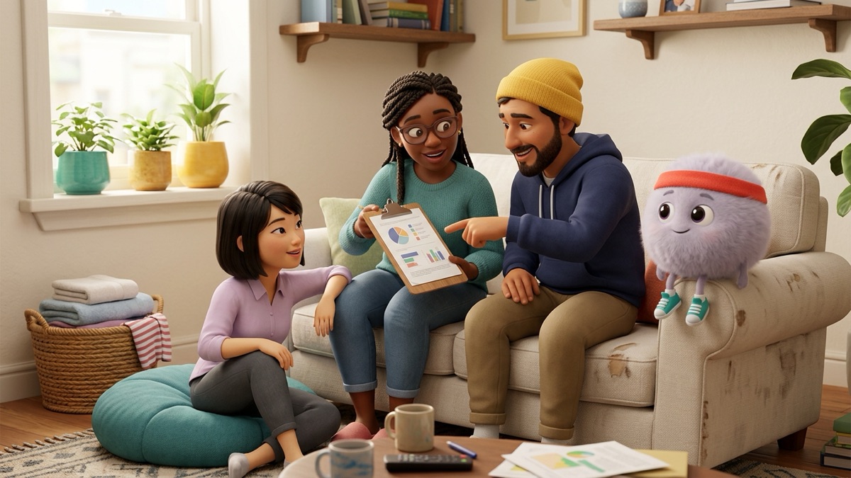 Three adult roommates relaxing in a small shared living room, one pointing at a printed chore chart on a clipboard while the others look on and Zip the dust bunny sits on the arm of the sofa