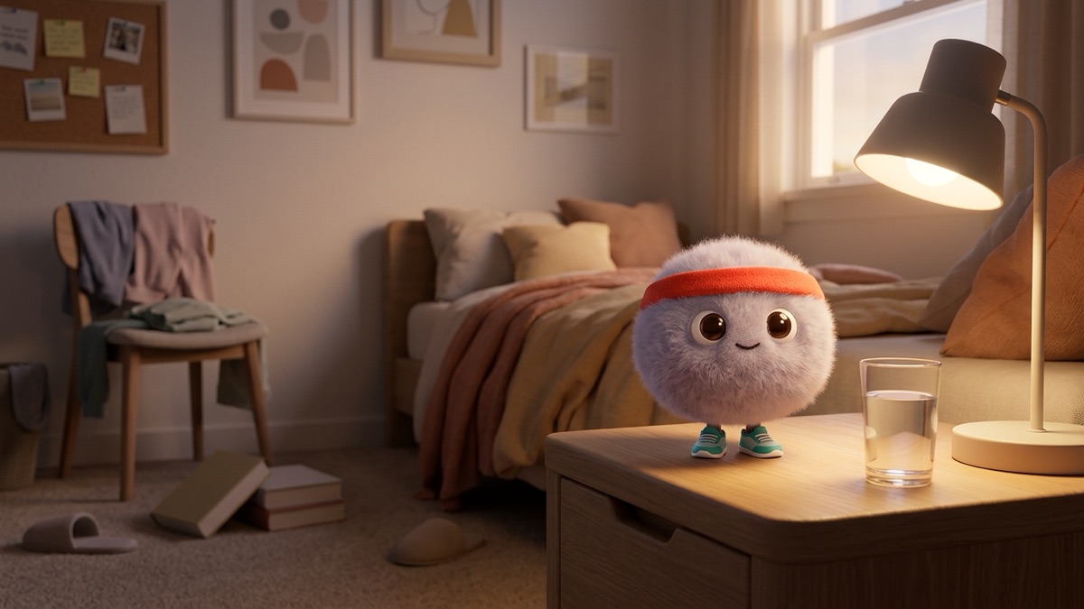 A lived-in bedroom with clothes on a chair and a few books on the floor, where only the nightstand has been cleared down to a lamp and a glass of water, with Zip the dust bunny sitting beside the lamp