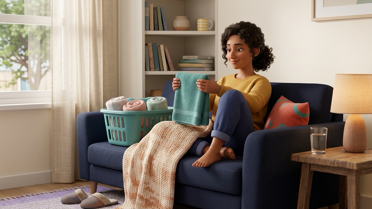 An adult sitting on a sofa under a knit blanket, folding one towel from a laundry basket beside them in warm lamp light