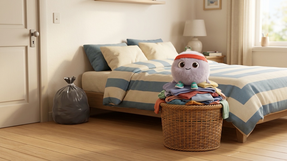 A lived-in bedroom where the floor is clear and every piece of clothing sits in one big laundry basket by the bed