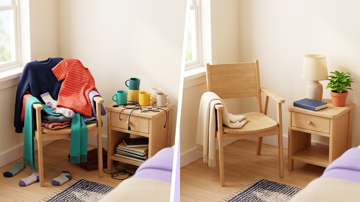 Before and after of the same bedroom corner: on the left a chair piled with clothes and a nightstand crowded with cups, on the right the same chair empty and the nightstand holding a lamp, a book and a plant