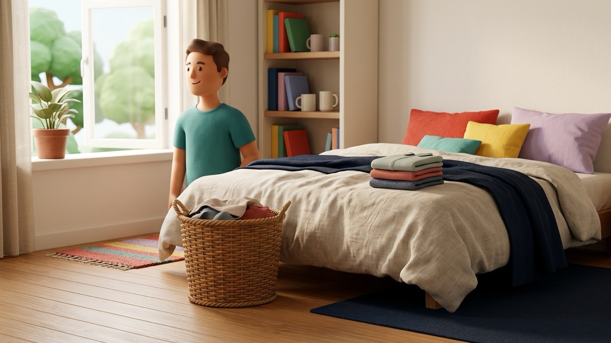 A bedroom after the first sprint: the floor is clear, a full laundry basket sits by the bed and a small stack of clean folded clothes waits on the duvet