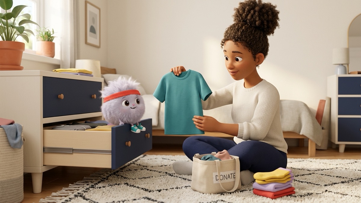 An adult calmly sorting one open dresser drawer on a tidy bedroom floor, with a small donate bag beside them and soft afternoon light