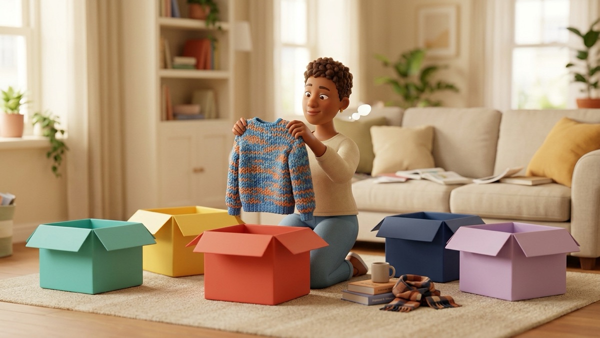 Five open boxes in teal, sunny yellow, tomato red, navy and lilac on a living room rug, with an adult kneeling beside them holding up a sweater and deciding which box it belongs in