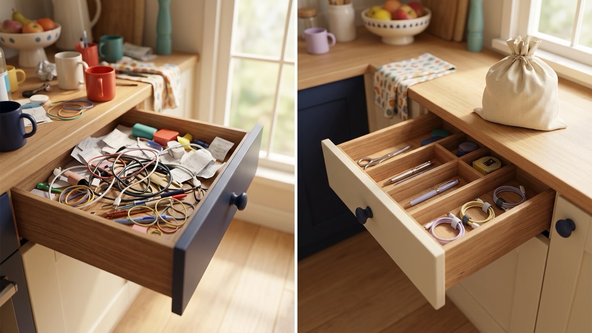 The same kitchen drawer shown twice side by side, first crowded with tangled cables, dried-up pens and loose papers, then tidy with a few useful tools, a tied bag resting on the counter beside it