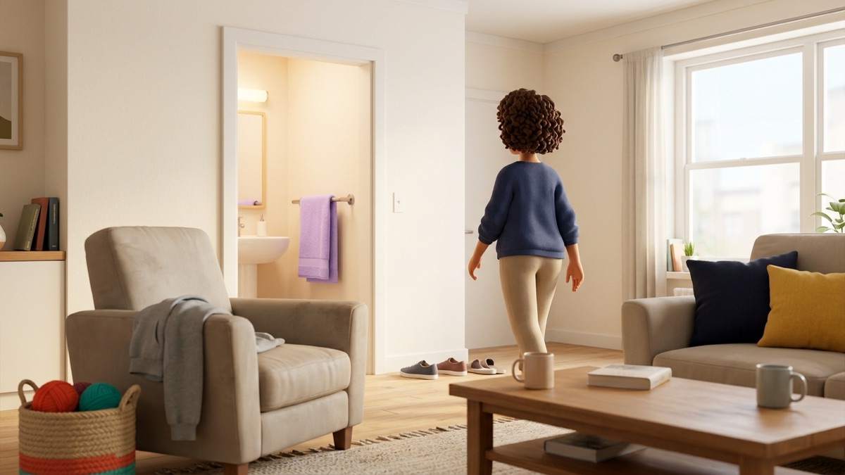 A cozy, lived-in apartment in soft daylight with a hoodie on a chair and mugs on the coffee table, while through an open door the bathroom sink is freshly tidy and gently glowing