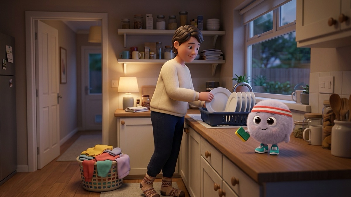 An adult in socks calmly loading a dish rack in a lived-in kitchen at dusk, a laundry basket waiting by the door, while Zip the dust bunny sits on the counter holding a tiny sponge