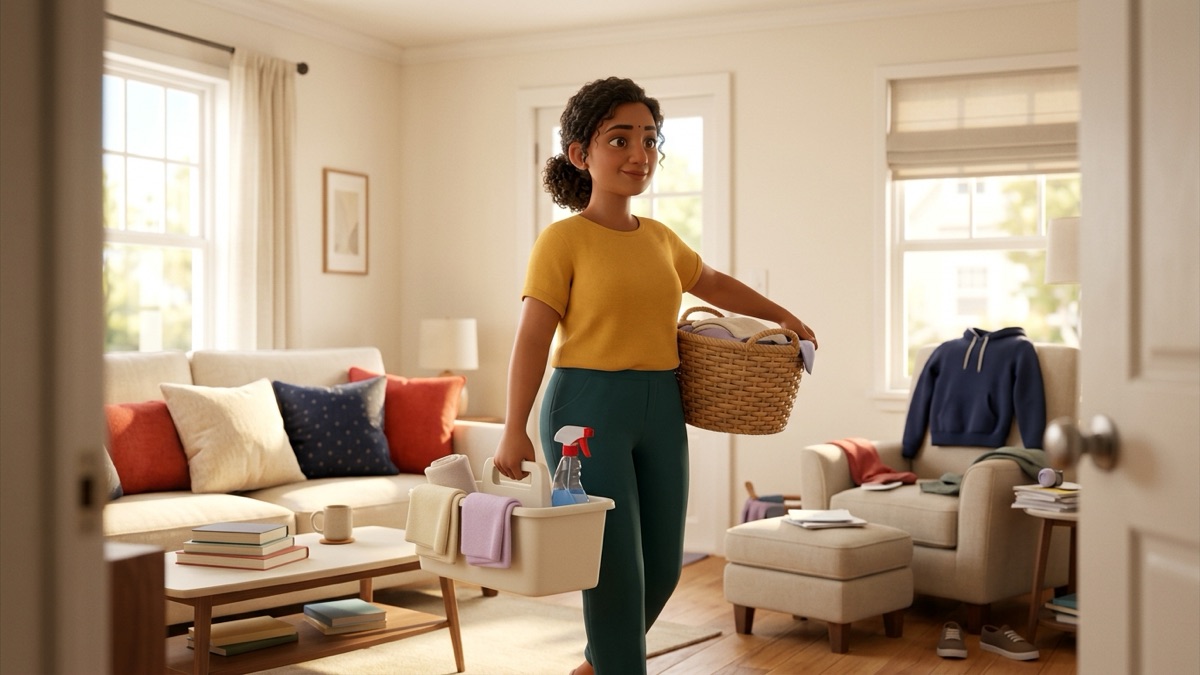 An adult walking through a bright living room carrying a cleaning caddy in one hand and a laundry basket on one hip, half the room already tidy