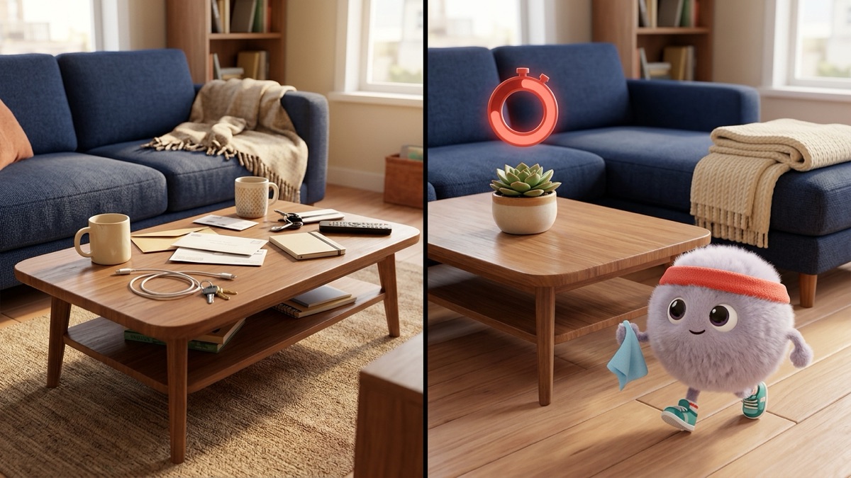 Before and after of the same coffee table, cluttered with mugs and mail on one side and cleared with one plant on the other, with a glowing ring timer and a small fluffy dust bunny in running shoes jogging past