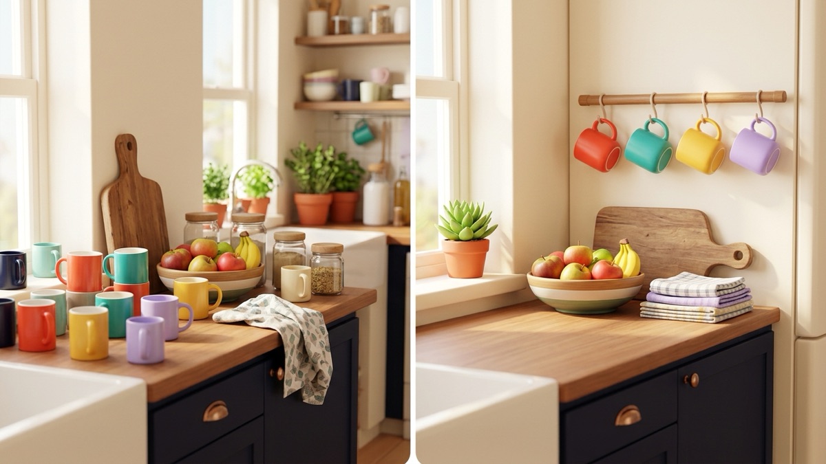 The same kitchen counter before and after: cluttered with mugs and jars on the left, tidy with mugs on hooks on the right