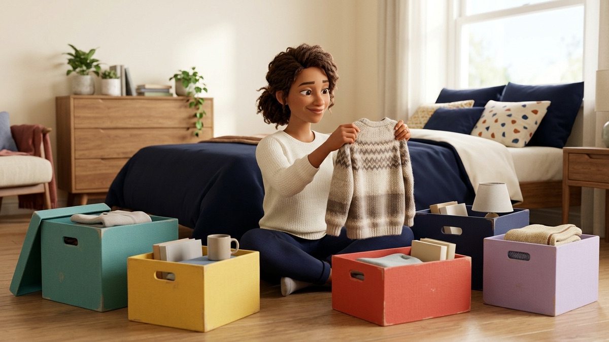A person on a bedroom floor holding up a sweater, surrounded by five colored boxes
