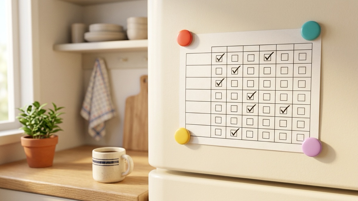 A printed weekly cleaning planner held on a fridge by colorful magnets