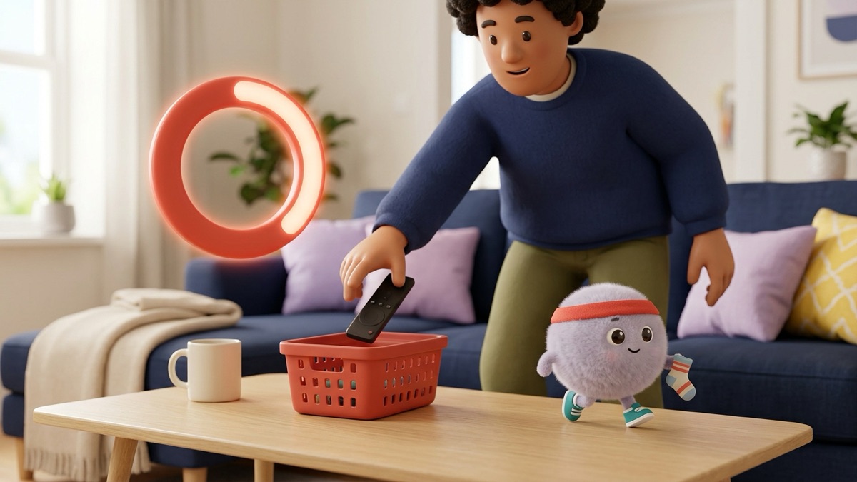An adult tidying a coffee table next to a glowing red countdown ring while Zip the dust bunny jogs along the table